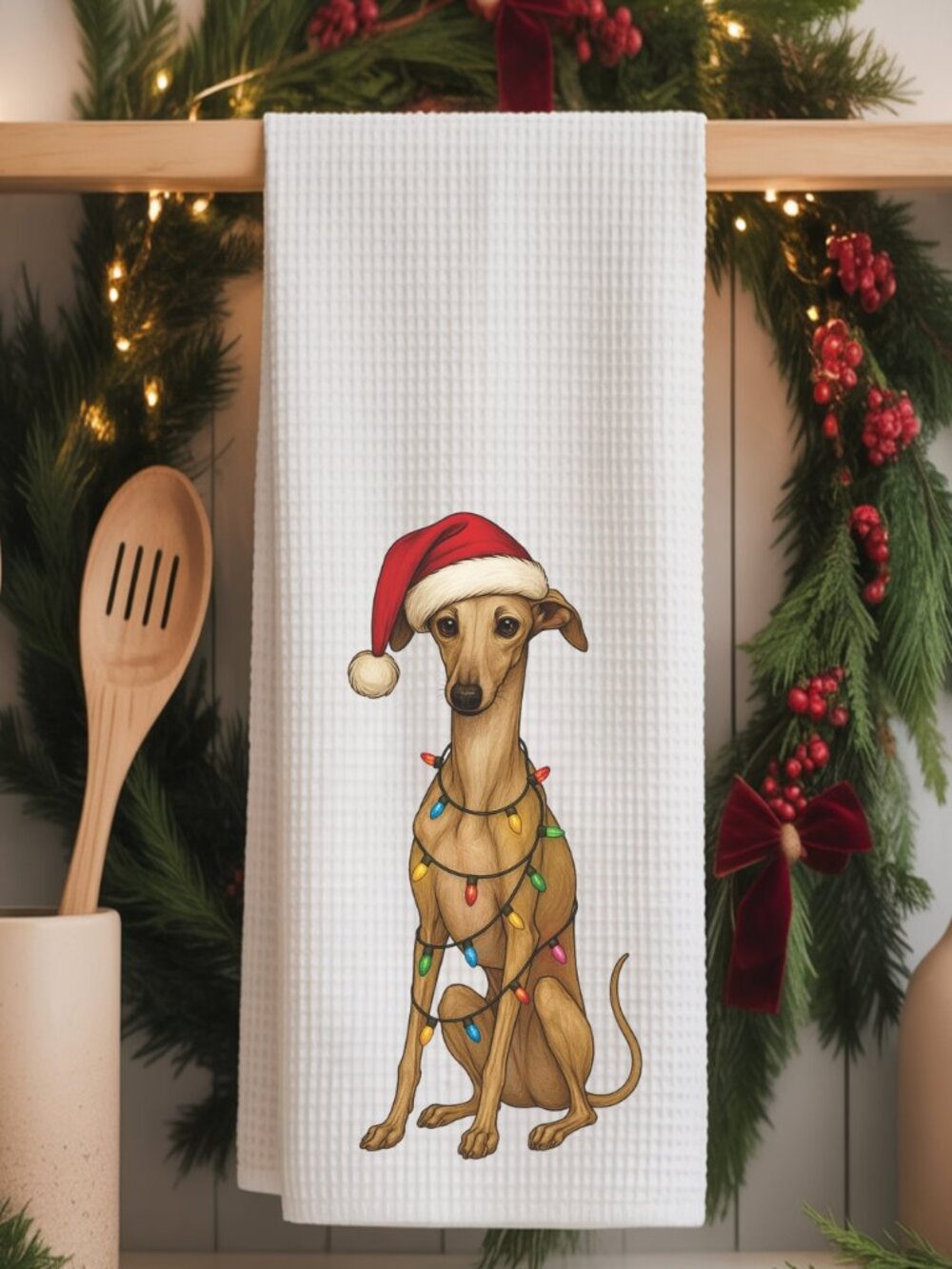 Italian Greyhound Christmas Lights Decorative Kitchen Tea Towel